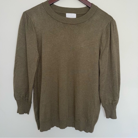 Minus Women’s Mersin Knit Tee L Olive Stretch Knit Pullover 3/4 Sleeves NEW - Picture 3 of 6